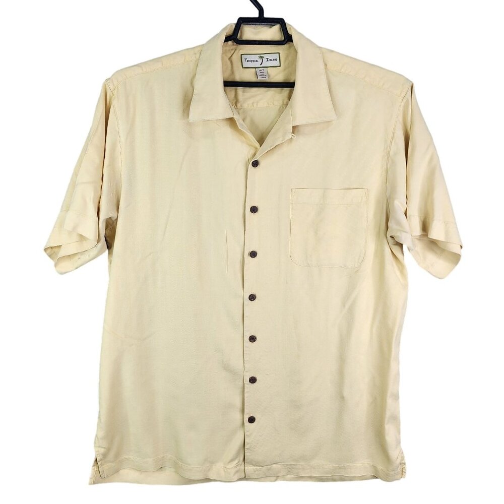 Men's Beige Tropical Island 100% Silk Shirt Short Sleeve Button-Up Size XLT